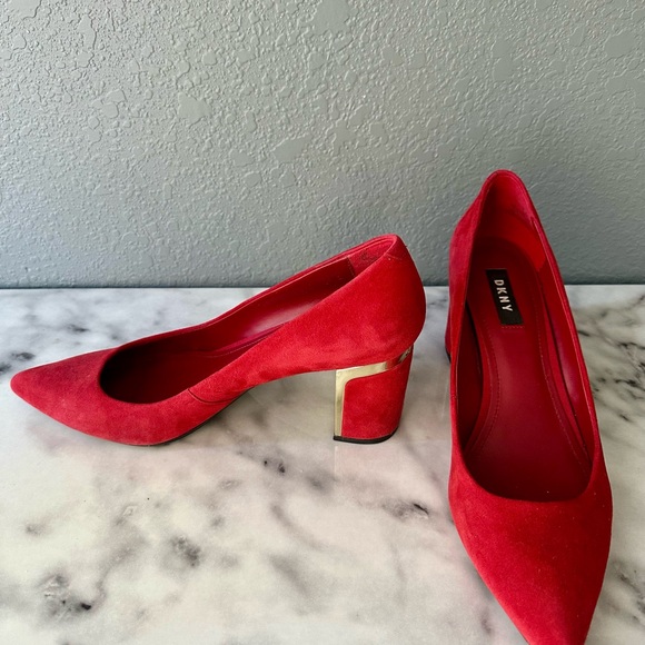 DKNY Elie Red Suede with gold accent heels, size 9. Great for Valentine’s Day! - Picture 2 of 6